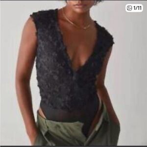 Intimately by Free People Black Lace V Neck Bodysuit Medium